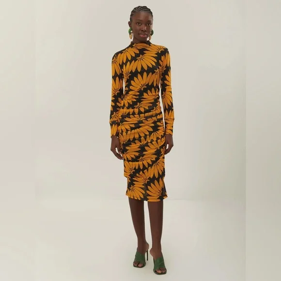 knee length dresses for ladies Yellow Floral Yard Lenzing™ Ecovero™ Euroflax™ Midi Dress – FARM Rio main image 1